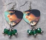 Bob Dylan Guitar Pick Earrings with Green Opal Swarovski Crystal Dangles