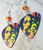 Bob Marley Smoking a Joint Guitar Pick Earrings with Fire Opal Swarovski Crystals