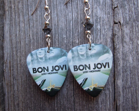Bon Jovi Lost Highway Album Guitar Pick Earrings with Silver Swarovski Crystals