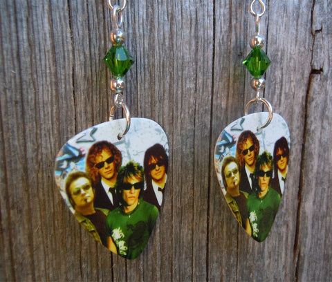 Bon Jovi Group Photo Guitar Pick Earrings with Green Swarovski Crystals