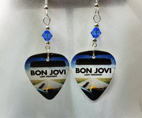 Bon Jovi Lost Highway Guitar Pick Earrings with Blue Swarovski Crystals