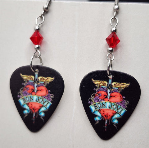 Bon Jovi The Greatest Hits Guitar Pick Earrings with Red Swarovski Crystals