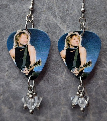 Jon Bon Jovi on Stage Guitar Pick Earrings with Clear Swarovski Crystal Dangles