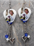 Jon Bon Jovi Guitar Pick Earrings with Stainless Steel Heart Charms and Swarovski Crystal Dangles