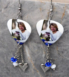 Jon Bon Jovi Guitar Pick Earrings with Stainless Steel Heart Charms and Swarovski Crystal Dangles