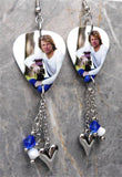 Jon Bon Jovi Guitar Pick Earrings with Stainless Steel Heart Charms and Swarovski Crystal Dangles