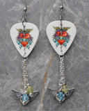 Bon Jovi Greatest Hits Album White Guitar Pick Earrings with Winged Heart Charms and Swarovski Crystal Dangles