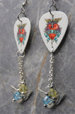 Bon Jovi Greatest Hits Album White Guitar Pick Earrings with Winged Heart Charms and Swarovski Crystal Dangles