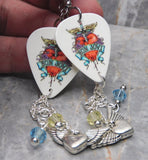 Bon Jovi Greatest Hits Album White Guitar Pick Earrings with Winged Heart Charms and Swarovski Crystal Dangles