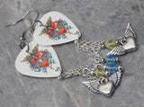 Bon Jovi Greatest Hits Album White Guitar Pick Earrings with Winged Heart Charms and Swarovski Crystal Dangles