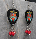 Bon Jovi The Greatest Hits Black Guitar Pick Earrings with Opaque Red Swarovski Crystal Dangles