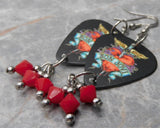 Bon Jovi The Greatest Hits Black Guitar Pick Earrings with Opaque Red Swarovski Crystal Dangles