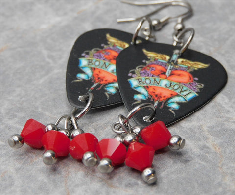 Bon Jovi The Greatest Hits Black Guitar Pick Earrings with Opaque Red Swarovski Crystal Dangles