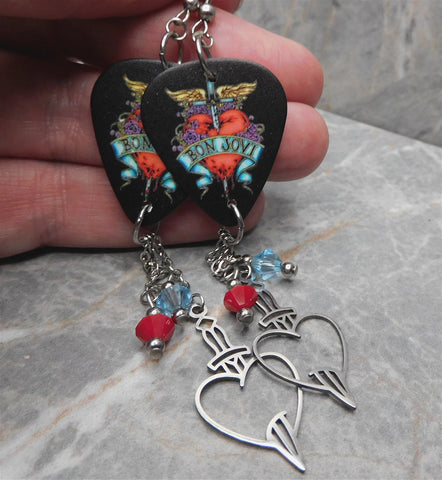 Bon Jovi Greatest Hits Album Black Guitar Pick Earrings with Stainless Steel Charm and Swarovski Crystal Dangles