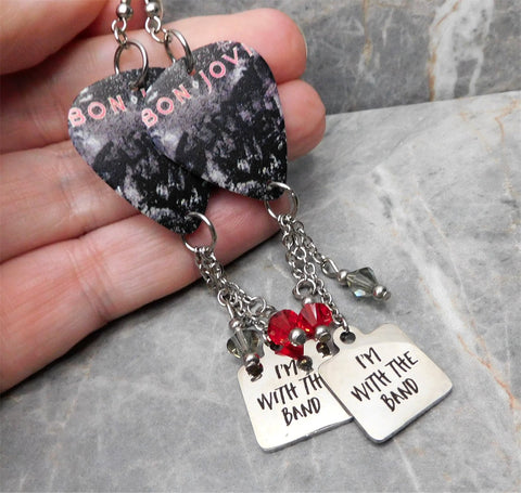 Bon Jovi Slippery When Wet Guitar Pick Earrings with I'm With the Band Stainless Steel Charms and Swarovski Crystal Dangles