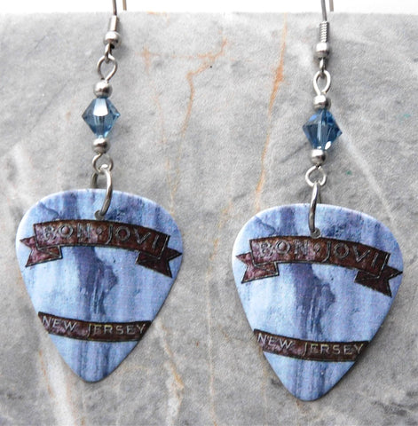 Bon Jovi New Jersey Guitar Pick Earrings with Denim Blue Swarovski Crystals