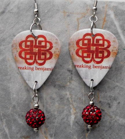 Breaking Benjamin Logo Guitar Pick Earrings with Red Pave Bead Dangles