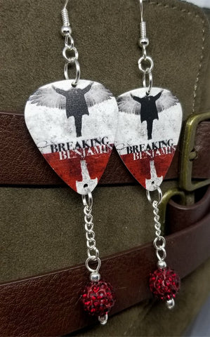 Breaking Benjamin Phobia Guitar Pick Earrings with Red Pave Bead Dangles