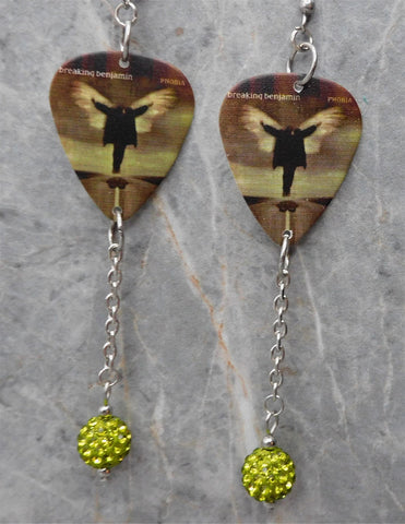 Breaking Benjamin Phobia Guitar Pick Earrings with Green Pave Bead Dangles