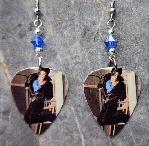 Bruce Springsteen Guitar Pick Earrings with Blue AB Swarovski Crystals