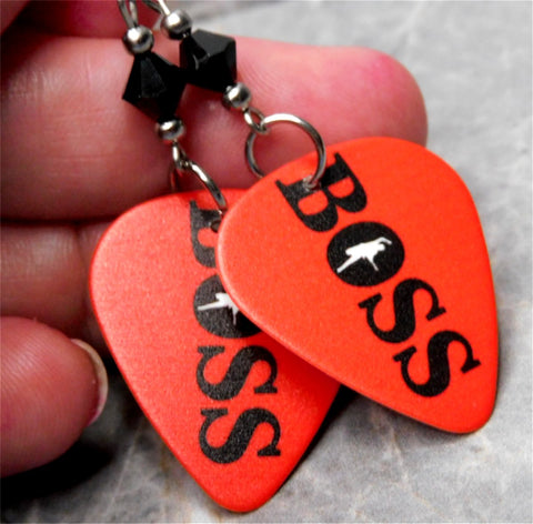 Bruce Springsteen Boss Red Guitar Pick Earrings with Black Swarovski Crystals