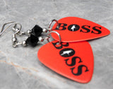 Bruce Springsteen Boss Red Guitar Pick Earrings with Black Swarovski Crystals
