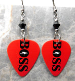 Bruce Springsteen Boss Red Guitar Pick Earrings with Black Swarovski Crystals
