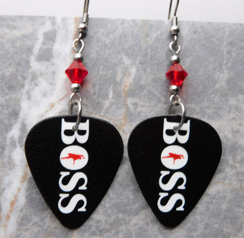 Bruce Springsteen Boss Guitar Pick Earrings with Red Swarovski Crystals