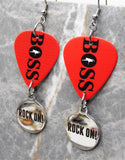 Bruce Springsteen Boss Guitar Pick Earrings with Rock On Stainless Steel Charm Dangles