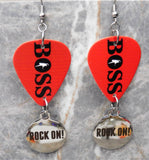 Bruce Springsteen Boss Guitar Pick Earrings with Rock On Stainless Steel Charm Dangles