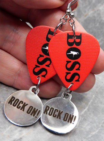 Bruce Springsteen Boss Guitar Pick Earrings with Rock On Stainless Steel Charm Dangles
