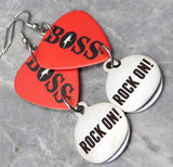 Bruce Springsteen Boss Guitar Pick Earrings with Rock On Stainless Steel Charm Dangles