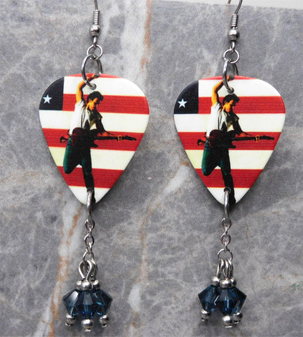 Bruce Springsteen Guitar Pick Earrings with Denim Blue Swarovski Crystal Dangles