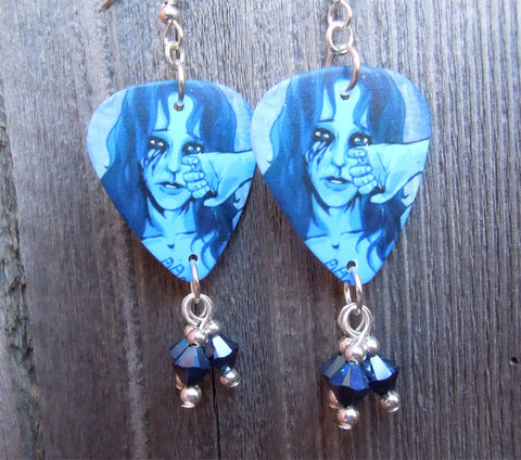 Bullet for My Valentine Tears Don't Fall Guitar Pick Earrings with Metallic Blue Swarovski Crystal Dangles