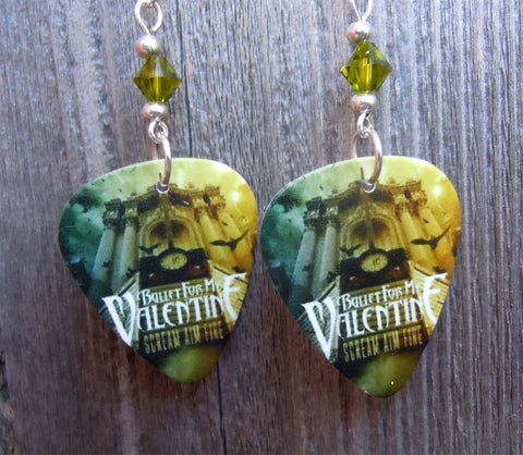 Bullet for My Valentine Scream Aim Fire Guitar Pick Earrings with Green Swarovski Crystals