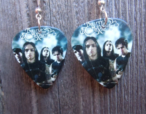 Bullet for My Valentine Group Picture Guitar Pick Earrings with Grey Swarovski Crystals