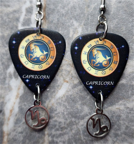 Horoscope Astrological Sign Capricorn Guitar Pick Earrings with Laser Cut Horoscope Charms