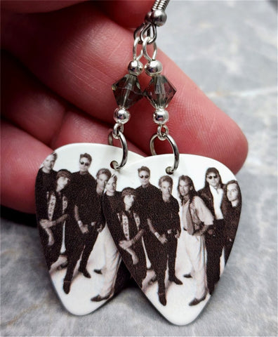 Chicago Group Picture Guitar Pick Earrings with Gray Swarovski Crystals