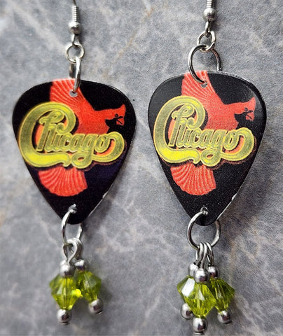 Chicago VIII Guitar Pick Earrings with Lime Green Swarovski Crystal Dangles