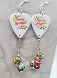 Merry Christmas Guitar Pick Earrings with Pave Bead Dangles