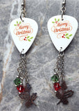 Merry Christmas Guitar Pick Earrings with Holly Charms and Swarovski Crystal Dangles