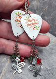 Merry Christmas Guitar Pick Earrings with Holly Charms and Swarovski Crystal Dangles