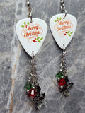 Merry Christmas Guitar Pick Earrings with Holly Charms and Swarovski Crystal Dangles