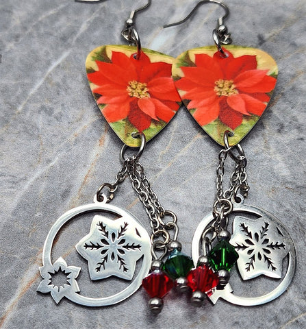Poinsettia Guitar Pick Earrings with Stainless Steel Charms and Swarovski Crystal Dangles