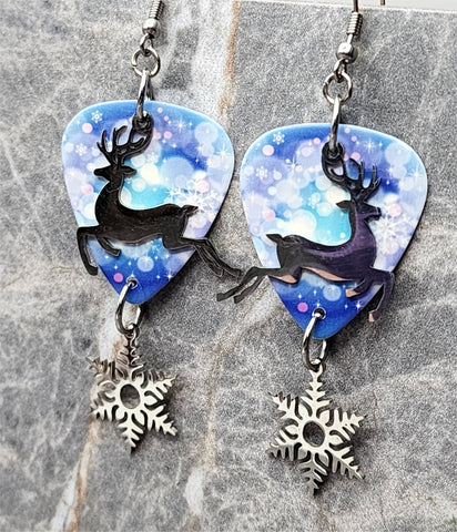 Reindeer Charm Snowy Guitar Pick Earrings with Snowflake Charm Dangles