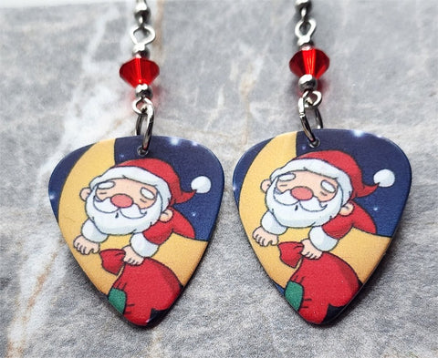 Santa Claus Over the Moon Guitar Pick Earrings with Red Swarovski Crystals