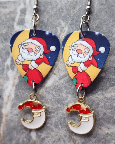 Santa Claus Over the Moon Guitar Pick Earrings with Santa Charm Dangles