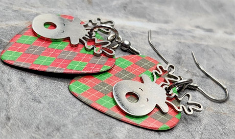 Reindeer Stainless Steel Charm on Christmas Argyle Guitar Pick Earrings