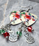 Santa Making Snowmen Scene Guitar Pick Earrings with Snowman Charm and Swarovski Crystal Dangles