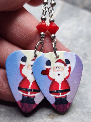 Hands Up Santa Claus Guitar Pick Earrings with Red Swarovski Crystals